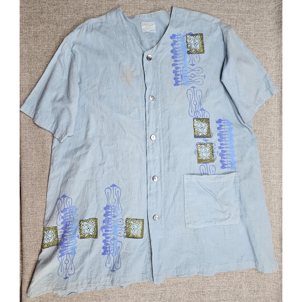 Blue Fish Shirt Womens 3X Blue Linen Button Up Tunic Top Geometric Abstract